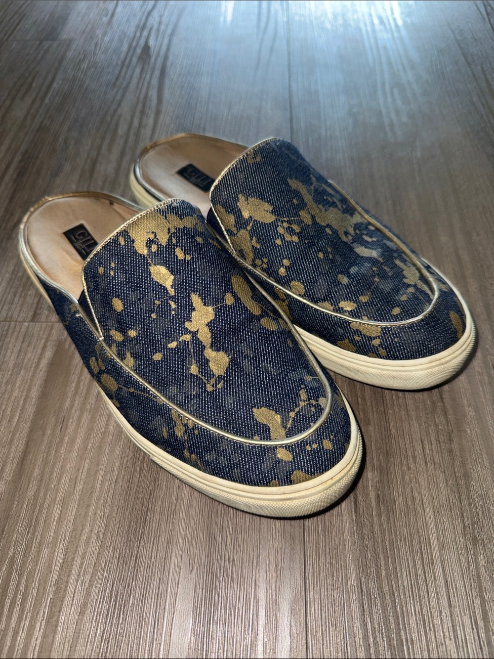 G.I.L.I. Women's Navy Denim Slip-On Mules with Gold Paint Splatter